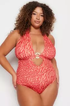 Разноцветный купальник с узором животных и завязками Trendyol