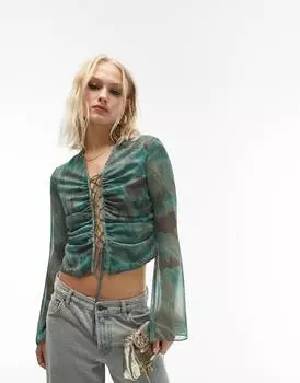 Разноцветный шифоновый топ с рукавами-фонариками и завязками Topshop