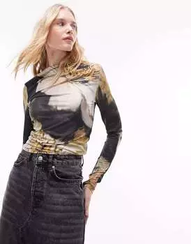 Разноцветный топ из микрофибры с длинными рукавами и крупным цветочным узором Topshop