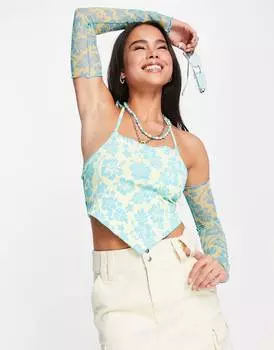 Разноцветный топ с бретельками и сетчатыми рукавами COLLUSION с шарфом и гибискусом