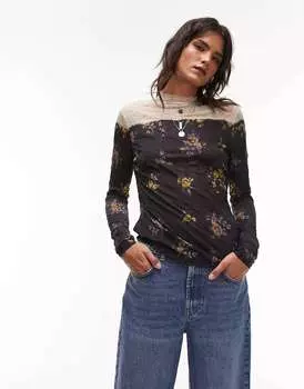 Разноцветный топ с длинными рукавами и цветочным принтом Topshop