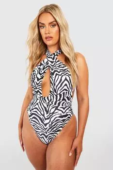 Разносторонний купальник Plus Essentials с зебровым принтом boohoo, черный