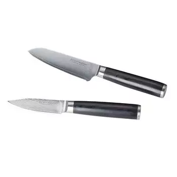 Реальный механизм 2 шт. Набор ножей из дамасской стали, нож Сантоку ок. 13 см/нож для очистки овощей ок. 8 см, дамасская сталь, рукоятки ножей из дерева Пакка, включая ящик для хранения, цвет: черный ECHTWERK