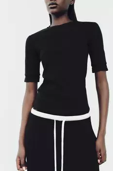 Ребричный топ с декоративной отделкой ZARA, черный