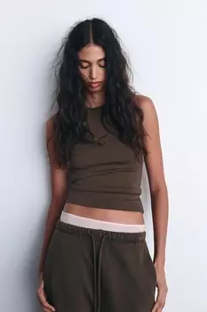 Ребричный топ с открытой спиной ZARA, коричневый