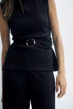 Ребричный топ с поясом ZARA, черный