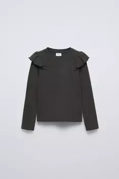 Ребричный топ с воланами ZARA, антрацитово-серый