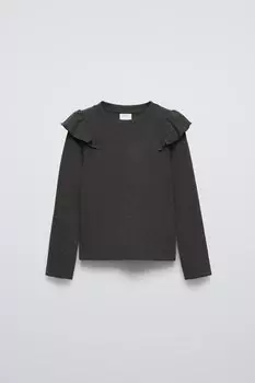 Ребричный топ с воланами ZARA, антрацитово-серый