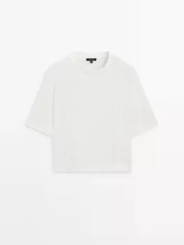 Ребристая текстурированная футболка с короткими рукавами Massimo Dutti, белый