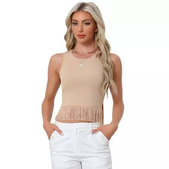Ребристая трикотажная майка для женщин с круглым вырезом без рукавов, укороченный жилет с кисточками ALLEGRA K, цвет Khaki