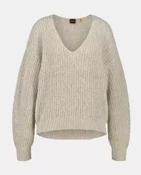 Ребристый свитер с V-образным вырезом Hugo Boss, бежевый