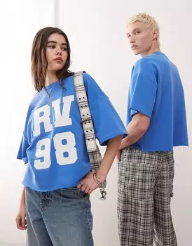 Reclaimed Vintage укороченная свободная футболка унисекс с логотипом университета синего цвета