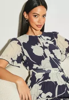 REGULAR FIT Short Flutter Sleeve Pleated Mini Lipsy, Повседневное платье темно-синий с цветочным принтом