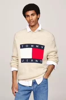 Регулярный крой меланжевый свитер с флагом Tommy Jeans, бежевый