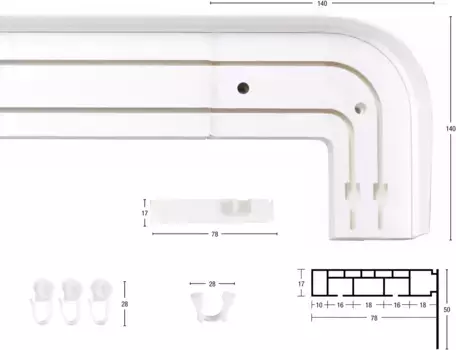 Рельсовая система GARESA "Пластиковая рейка с крышкой", 2 направляющие, желаемой длины, с 2 круглыми арками по бокам (без зазора между шторой и стеной!) 560 см, белый