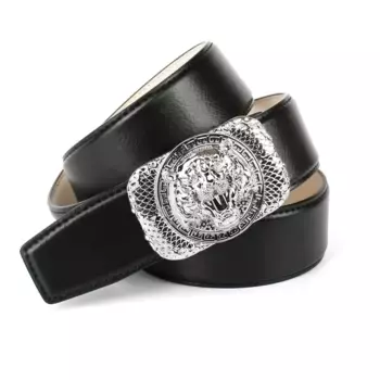 Ремень Anthoni Crown кожаный с застежкой серебристого цвета "Тигр", черный
