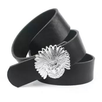 Ремень Anthoni Crown кожаный, зернистый, застежка с мотивом вождя, черный