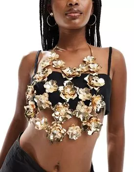 Ремень ASOS DESIGN Limited Edition с цветочным узором и искусственным жемчугом золотистого цвета