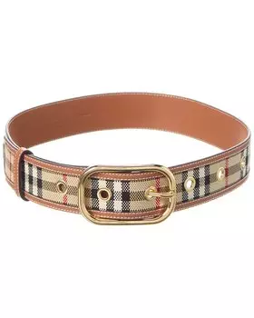 Ремень Burberry в клетку из ткани и кожи, бежевый