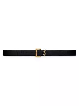 Ремень Cassandre с квадратной пряжкой из кожи с тиснением под крокодила Saint Laurent, черный