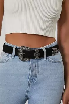 Ремень из искусственной кожи с травленой пряжкой Forever 21, черный