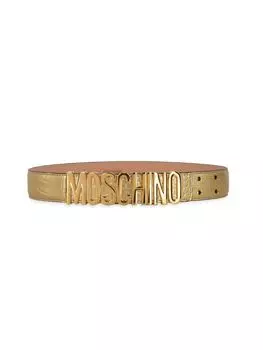 Ремень из телячьей кожи с тиснением под крокодила и логотипом Moschino, золото