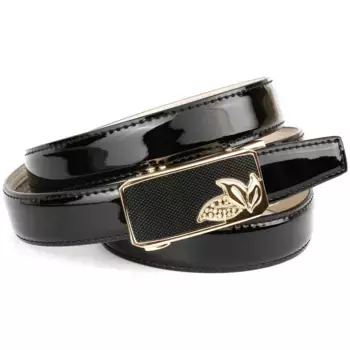 Ремень кожаный Anthoni Crown, узкий ремень из лакированной кожи, маленькие листочки, черный