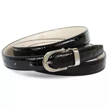 Ремень кожаный Anthoni Crown, узкий ремень из лакированной кожи с тиснением под крокодила, черный