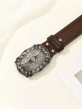 Ремень кожаный с рисунком быка, коричневый