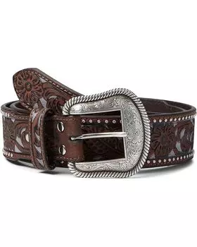 Ремень M&F Western Nocona Floral Light Blue Inlay Silver Studs, коричневый