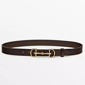 Ремень Massimo Dutti Leather With Double Long Buckle, коричневый/золотой