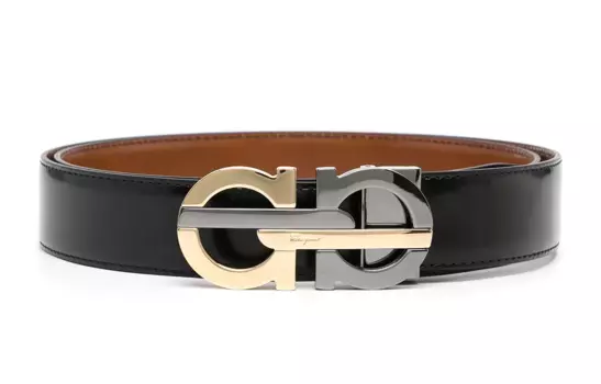 Ремень мужской кожаный с гладкой пряжкой и резным логотипом FERRAGAMO, черный, ширина 3,5 см