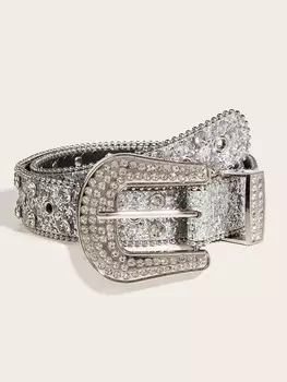 Ремень мужской с пряжкой из страз, серебряный