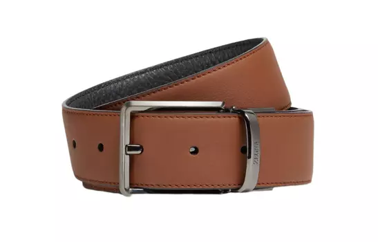 Ремень с двусторонней пряжкой и гравировкой логотипа Zegna Ermenegildo Zegna, Camel Red Brown