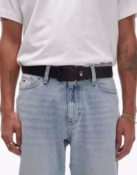 Ремень Tommy Jeans Elevated flag logo кожаный 3,5 дюйма черного цвета