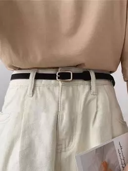 Ремень тонкий женский с квадратной пряжкой, черный