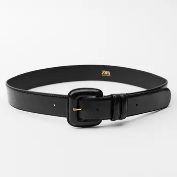 Ремень Zara Leather With Square Buckle, черный