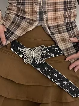 Ремень женский с жемчугом и пряжкой-бабочкой, черный