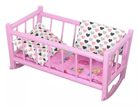 РЕТРО КОЛЯНКА, деревянная розовая кроватка для кукол, постельное белье с маленькими сердечками PEEWIT