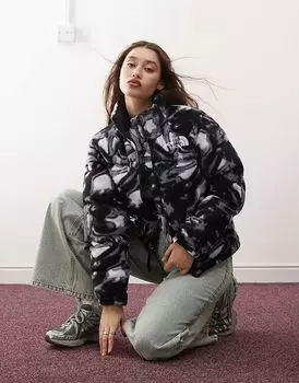 Ретро-пуховик Nuptse из флиса с принтом в виде жидкого серого цвета The North Face