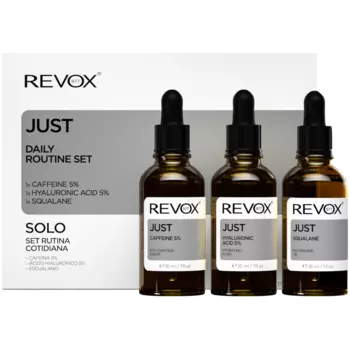 Revox Just Daily Routine Set набор: сыворотка с кофеином 5% для лица, 30 мл + сыворотка с гиалуроновой кислотой 5% для лица, 30 мл + сыворотка со скваланом для лица, 30 мл