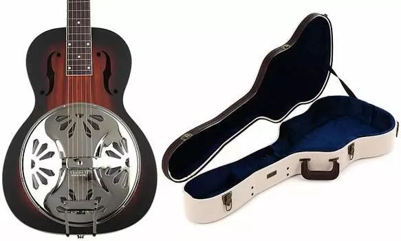 Резонатор Gretsch G9230 Bobtail с квадратным грифом из красного дерева — 2-цветная накладка на гриф Sunburst Padauk в комплекте с деревянным футляром Gator Journeyman Deluxe — футляр для резонатора