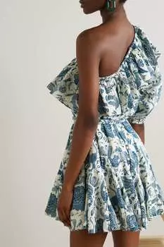 RHODE платье мини Ozzie с одним рукавом и поясом из хлопка и поплина с принтом, синий