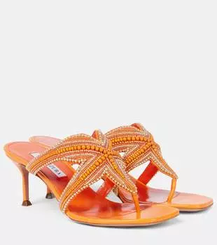 Риф Стар босоножки-танкетки из кожи с бусинами Aquazzura, Yellow/Orange