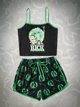 Рик и Морти | Пижама, рисунок в виде мультяшного персонажа, контрастные цвета, завязанные края, школьная форма Romwe, черный