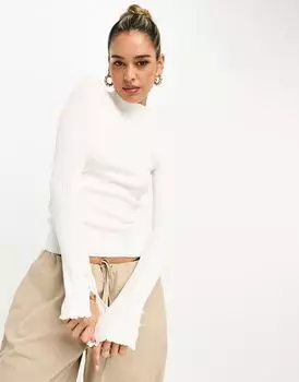 River Island – белый топ в рубчик с рукавами с рюшами