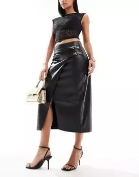 River Island — Черная юбка миди из искусственной кожи с запахом