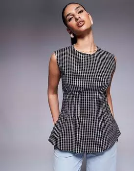 River Island - черный топ в бенгальскую клетку с защипами