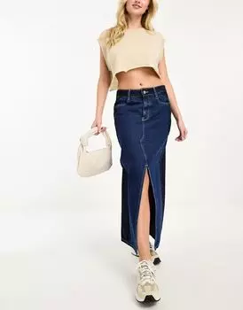 River Island — длинная синяя джинсовая юбка с узором в стиле пэчворк