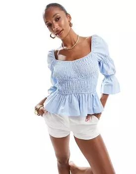 River Island – голубой топ с длинными рукавами и рюшами